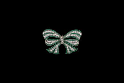 A Diamond and Emerald Bow Brooch - Jewellery