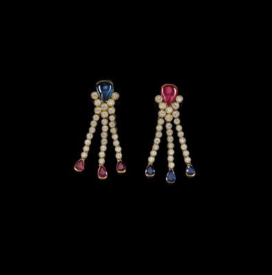 A Pair of Brilliant and Ruby Sapphire Ear Clip Pendants - Klenoty