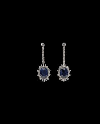 A Pair of Diamond Ear Pendants with Untreated Burmese Sapphires Total Weight c. 7 ct, - Jewellery