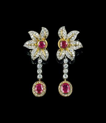 A Pair of Brilliant and Ruby Ear Pendants - Jewellery
