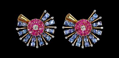 A Diamond and Coloured Stone Double Clips - Jewellery