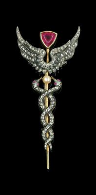 A Diamond and Tourmaline Hermes Staff Brooch - Gioielli