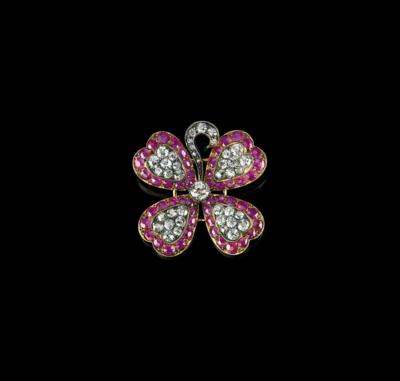 An Old-Cut Brilliant and Ruby Clover Leaf Brooch - Klenoty