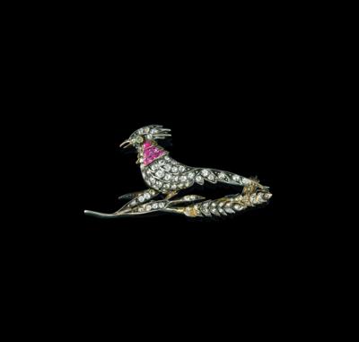 An Old-Cut Diamond and Coloured Stone Pheasant Brooch - Jewellery