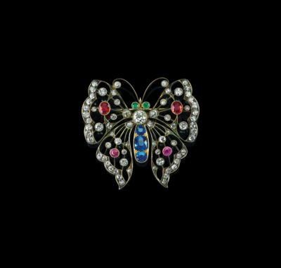 An Old-Cut Diamond and Coloured Stone Butterfly Brooch - Jewellery