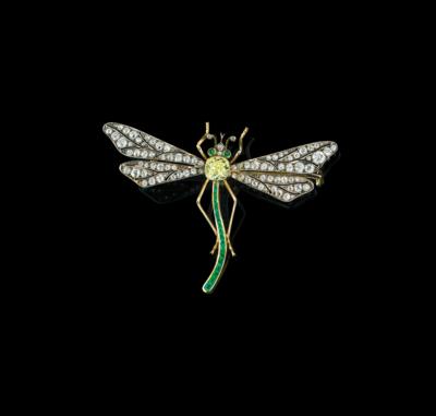Altschliffdiamant Smaragd Brosche Libelle - Juwelen