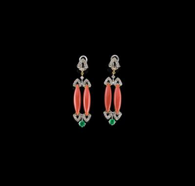 A Pair of Brilliant and Coral Pendant Ear Clips - Jewellery