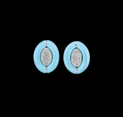 A Pair of Brilliant Ear Clips with Treated Turquoises - Jewellery