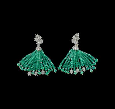 A Pair of Brilliant and Emerald Pendant Ear Clips by Pederzani - Jewellery