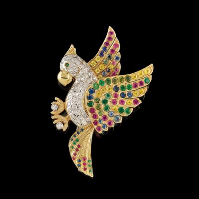 A Diamond and Coloured Stone Parrot Brooch - Exquisite Jewels