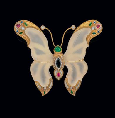 A brilliant, coloured stone and rock crystal butterfly brooch - Gioielli scelti