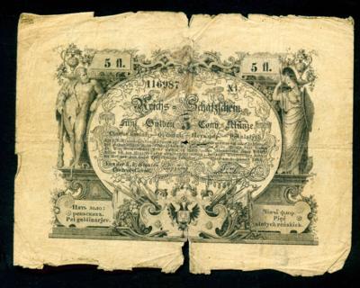 Staats-Central-Cassa 1.1. 1851, Reichsschatzschein ohne Verzinsung zu 5 Gulden - Mince a medaile