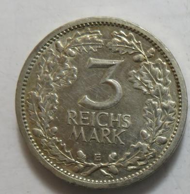 3 Reichsmark 1931 E, Muldenhütten. J. 349; =14,88 g=(Kr., geputzt) III - Coins and medals