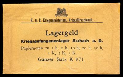 Lagergeld Aschach a. d. Dungeöffneter Originalumschlag des K. u. K. KriegsministeriumsKriegsfürsorgeamt - Münzen und Medaillen