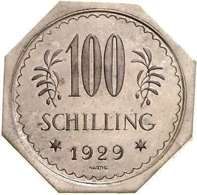 einseitige achteckige SN Abschläge der Vorder- und Rückseite für 100 Schilling 1929, - Münzen, Medaillen und Papiergeld