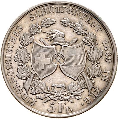 (2 AR) 5 Franken 1865 zum Schützenfest in Schaffhausen, 5 Franken 1869 zum Schützenfest in Zug III/III+ - Mince a medaile