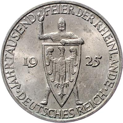 (2 Stk.) 3 RM 1925 D und 5 RM 1925 A. Jahrtausendfeier der Rheinlande. Jaeger 321 und 322. (ungereinigt) II - Coins and medals