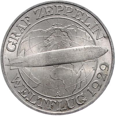 (2 Stk.) 3 RM 1929 A und G. Zeppelin, Weltflug 1929. Jaeger 342. (ungereinigt) II und II- - Münzen und Medaillen