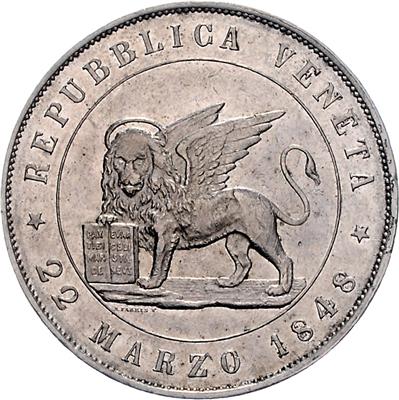 5 Lire 1848 V, Venedig, Her. 10, =25,02 g=, (kl. Kr., minimal fleckig) III/II- - Coins and medals