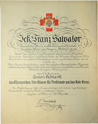 Ordensurkunden für Leutnant Anton Schiestl, Kmdt. Staffel 611 - Monete e medaglie