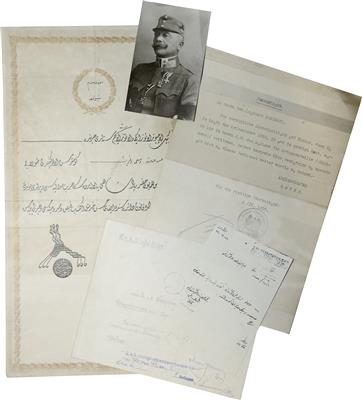 Urkunde zur osmanischen Auszeichnung für Anton Schiestl, K. u. K. Korpstrainkommando Nr. XXIX, Staffel 611 - Münzen und Medaillen