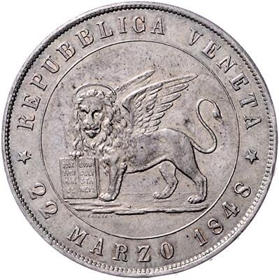 5 Lire 1848 V, Venedig, Her. 10, =24,95 g=, (kl. Kr., minimal fleckig) III/III+ - Mince, medaile a papírové peníze