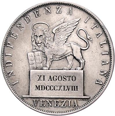 5 Lire 1848 V, Venedig, Her. 9, =24,84 g=, (Kr.) III-/III - Mince, medaile a papírové peníze