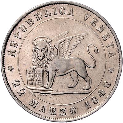 5 Lire 1848 V, Venedig, Her. 10, =24,75 g=, (scharf gereinigt, Kr.) III- - Coins, medals and paper money