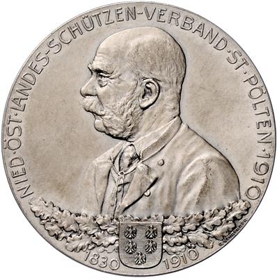 Kaiserhuldigungsfestschießen der NÖ Schützenvereine zum 80. Geburtstag des Kaisers in St. Pölten 1910 - Mince, medaile a papírové peníze
