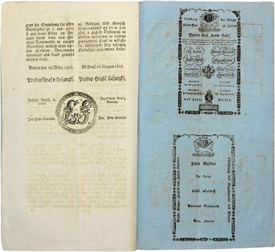 Cirkular mit Formularbogen 10Gulden 1806 und 500 Gulden 1806 - Münzen, Medaillen und Papiergeld