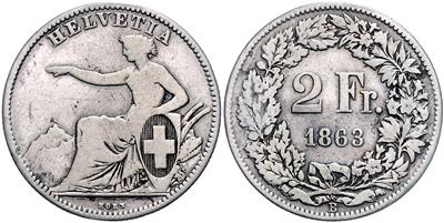 2 Franken 1863. IV/IV+ - Mince
