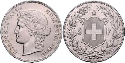 5 Franken 1912 B, Bern. Divo/Tobler 297; =24,94 g,  Auflage nur 11400 Stk.= (kl. Kr., berieben) III - Münzen, Medaillen und Papiergeld