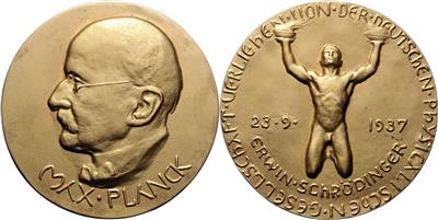 Erwin Schrödinger (Wien 1887 - Wien 1961), Max PlanckMedaille 1937 - Mince, medaile a papírové peníze
