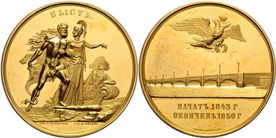 Nikolaus I. 1825-1855, Vollendung der Blagoweschtschenski-Brücke in St. Petersburg, GOLD - Coins and medals