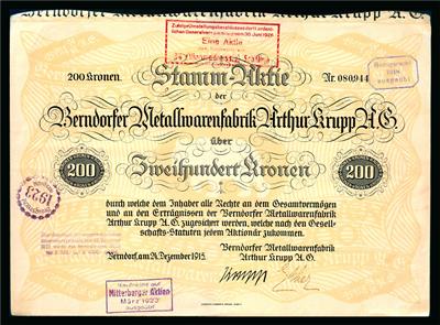 Berndorfer Metallwarenfabrik Arthur Krupp A. G. Aktie über 200 Kronen vom 24. Dezember 1915 - Mince a medaile