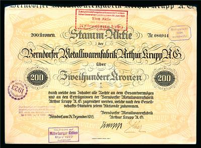 Berndorfer Metallwarenfabrik Arthur Krupp A. G. Aktie über 200 Kronen vom 24. Dezember 1915 - Coins and medals