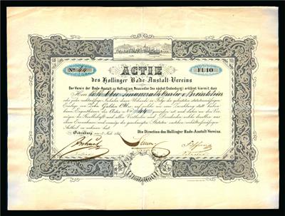 Hollinger Bade Anstallt Verein aktie über 10 Gulden vom 3. Juli 1855 - Münzen und Medaillen