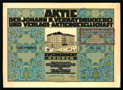Johann N. Vernaydruckerei und Verlags Aktiengesellschaft Aktie über 200 Kronen vom 1. Februar 1914 - Münzen und Medaillen