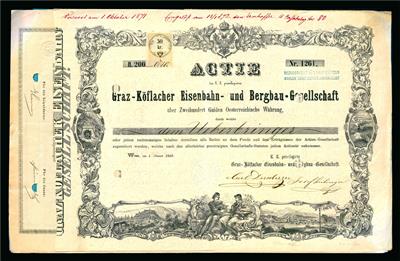 k. k. priv. Graz-Köflacher Eisenbahn- und Bergbau Gesellschaft Aktie über 200 Gulden vom 1. Jänner 1859 - Coins and medals
