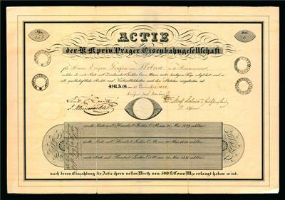 k. k. priv. Prager Eisenbahngesellschaft Aktie 500 Gulden 31. Dezember 1828 - Mince a medaile