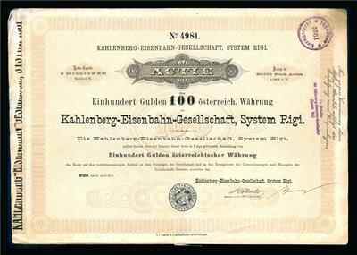 Kahlenberg Eisenbahn Gesellschaft Systhem Rigi Aktie über 100 Gulden vom 14. April 1873 - Coins and medals