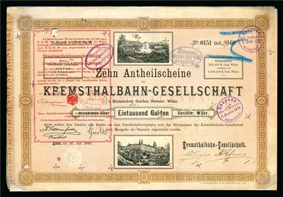 Kremsthalsbahn-Gesellschaft Zehn Anteilsscheine 1 100 Gulden zusammen 1000 Gulden 16. Juli 1880 - Münzen und Medaillen