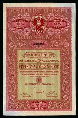 Österreichische Nationalbank Aktie über 25 Kronen Gold vom 22. Dezember 1922 - Mince a medaile