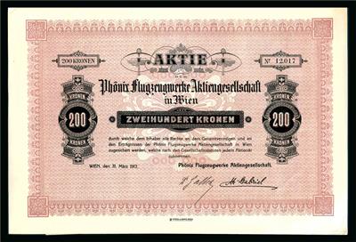 Phönix Flugzeugwerke AG Aktie über 200 Kronen vom 31. März 1917 - Münzen und Medaillen