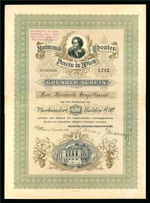 Raimund Theater Verein in Wien Aktie über 400 Gulden vom Dezember 1893 - Monete e medaglie