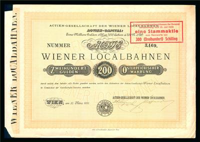 Wiener Localbahnen Aktie über 200 Kronen vom 30. März 1888 - Monete e medaglie