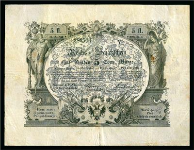 Staats-Central-Cassa 1.1. 1851, Reichsschatzschein ohne Verzinsung zu 5 Gulden - Coins and medals