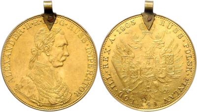 Goldimitation des Franz Josef I. 4 Dukaten mit bulgarischer Kontermarke, GOLD - Monete, medaglie e cartamoneta