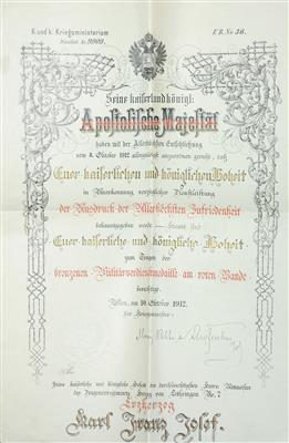 Kaiser Karl I. - Verleihungsurkunde zur bronzenen Militärverdienstmedaille 1912, - ?ády a vyznamenání