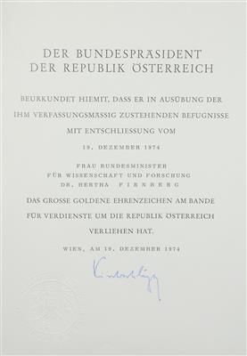 Urkunde zum Großen Goldenen EZ am Bande der Republik Österreich, - Onorificenze e decorazioni